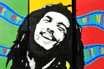 Graffiti-Portrait von Bob Marley samt Rastafari.