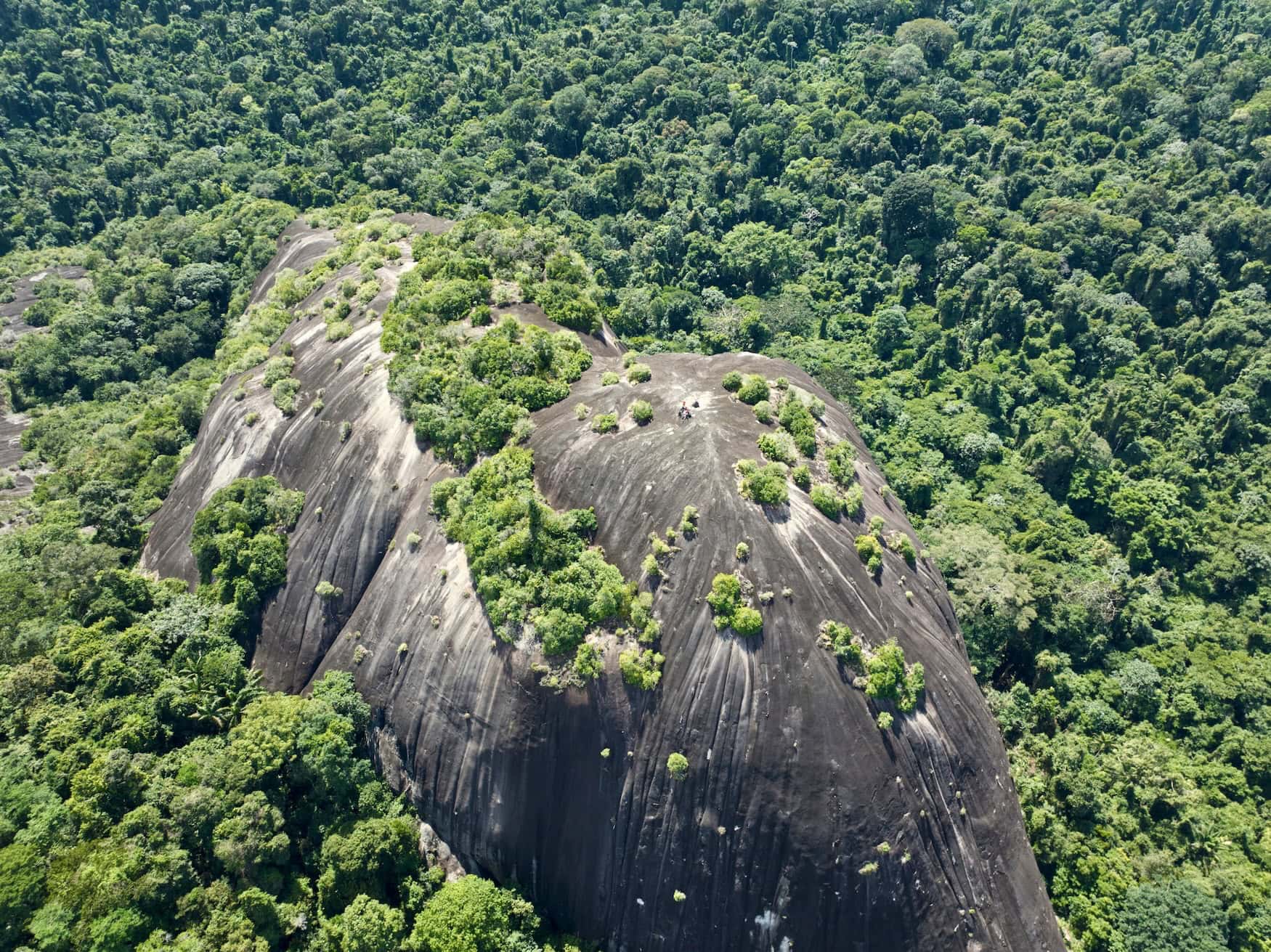 Granitkuppe des Voltzbergs mit zwei Wanderern auf dem Gipfel im Central Suriname Nature Reserve, Luftaufnahme.