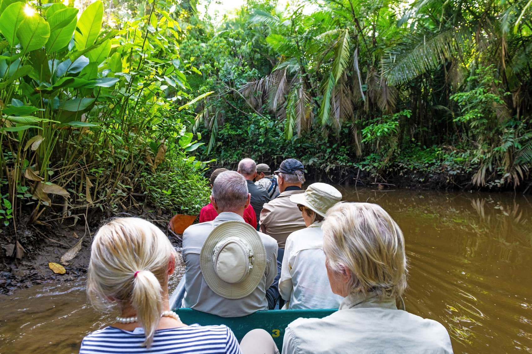 Touristen erkunden auf Boot Urwald in Suriname