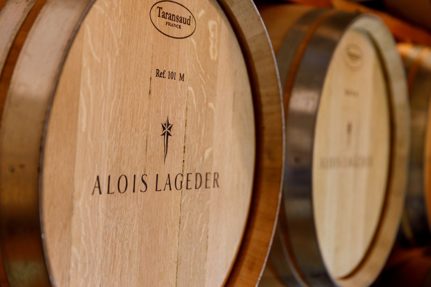 Barriquefässer mit dem Schriftzug Alois Lageder im Weinkeller in Margreid