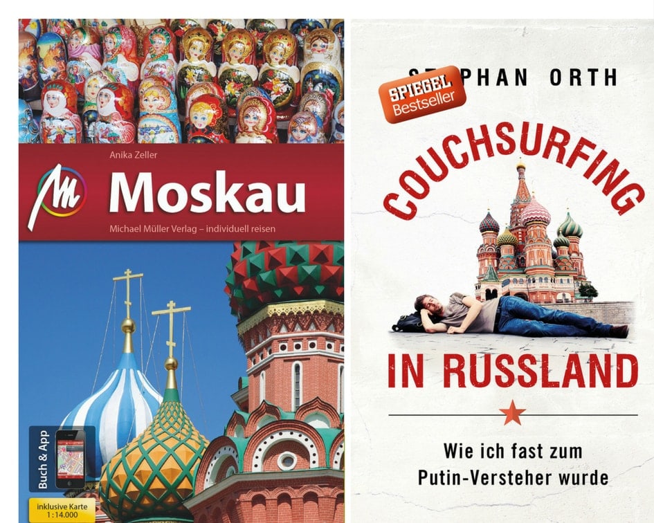 Cover des Moskau-Reiseführers aus dem Michael-Müller-Verlag und das des Buches Couchsurfing in Russland
