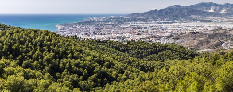 Panoramablick über Malaga mit Wald und Meer
