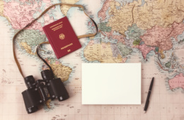 Reisepass mit Fernglas auf Weltkarte