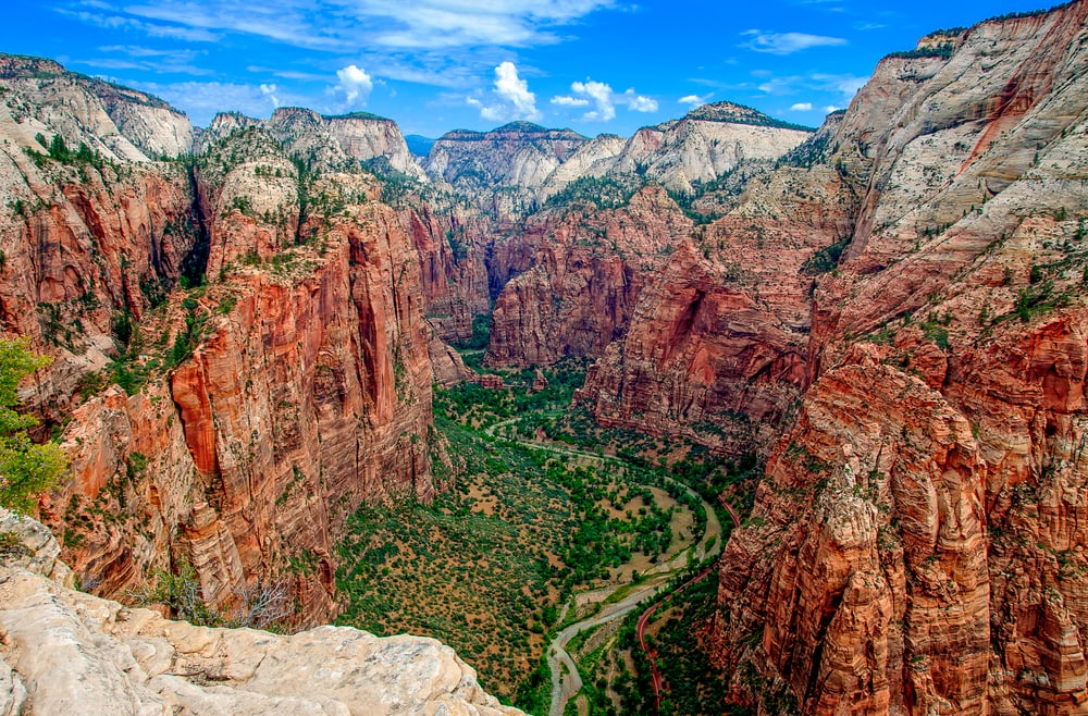 Zion Canyon, with the virgin river, from above and Angels Landing, USA