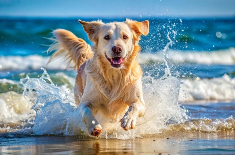 Hund rennt im Wasser am Strand