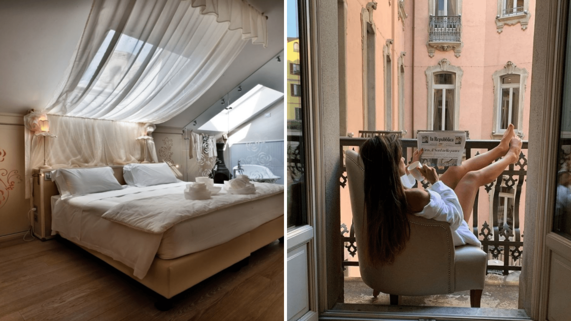 Zimmer und Frau auf Balkon im Chateau Monfort in Mailand 