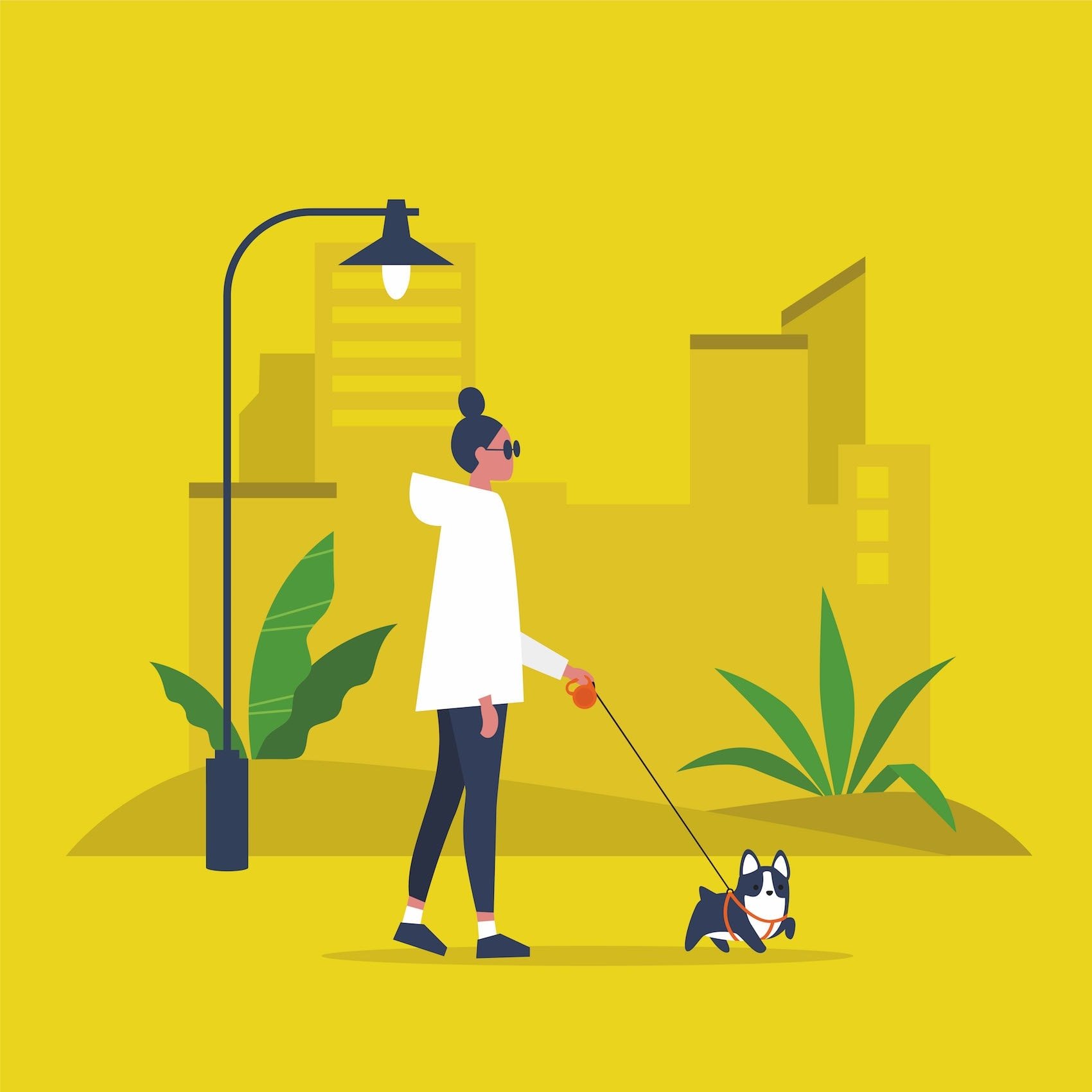 Illustration einer Frau, die mit einem kleinen Hund an der Leine an einer Straßenlaterne vorbei durch die Stadt geht.