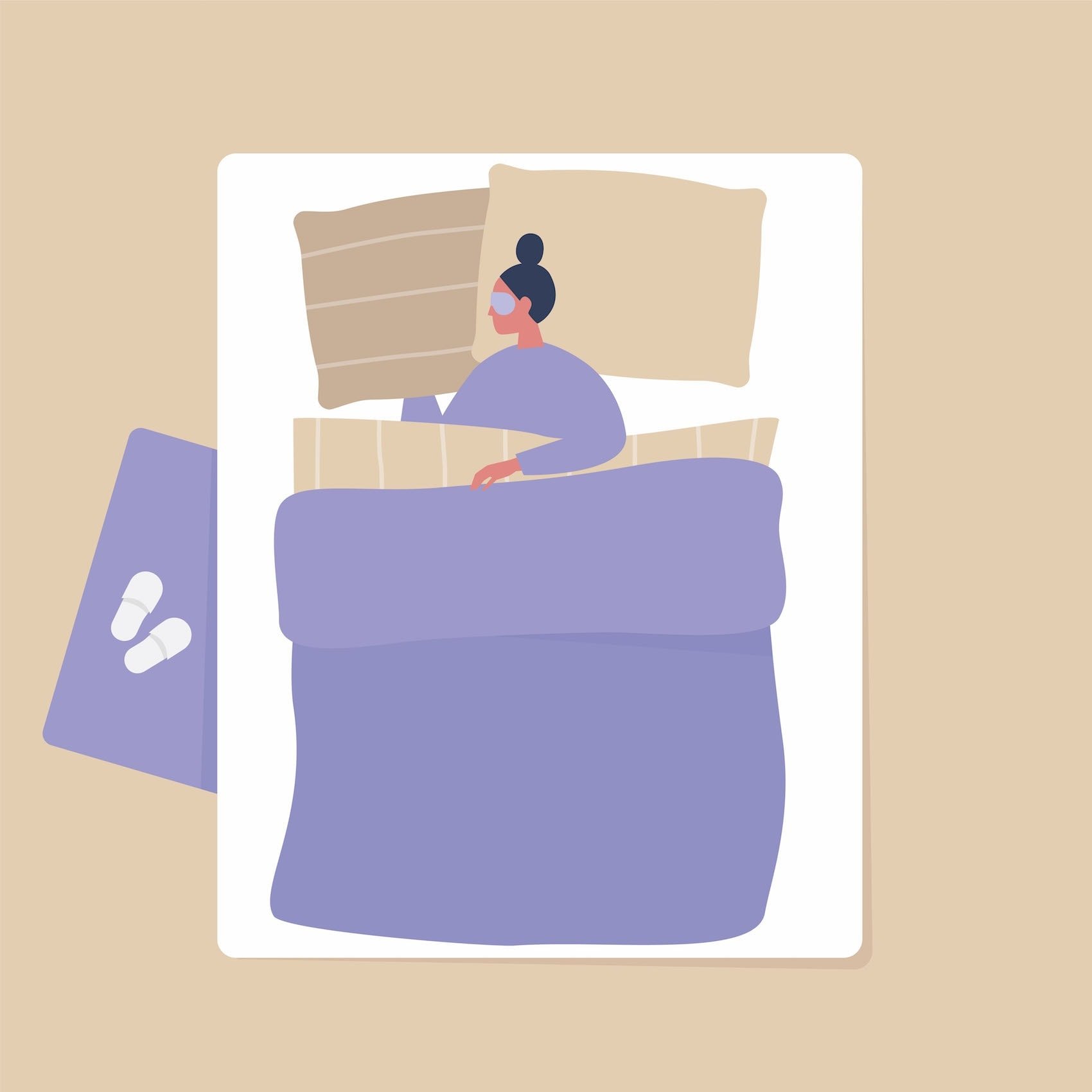 Illustration einer Frau, die mit Schlafmaske unter der Decke schläft, daneben Hausschuhe neben dem Bett.