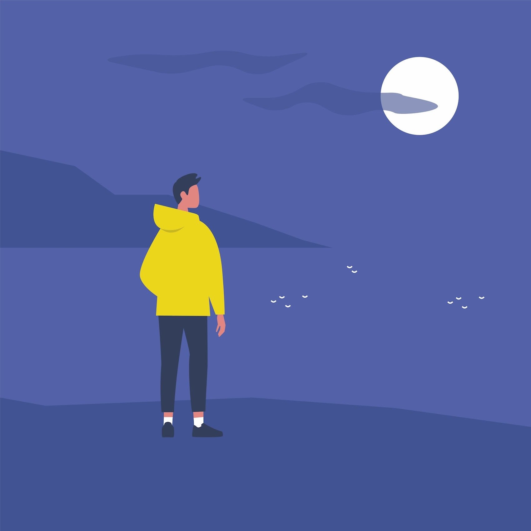 Illustration eines Mannes in gelber Jacke, der nachts am Wasser steht und zum Vollmond schaut.