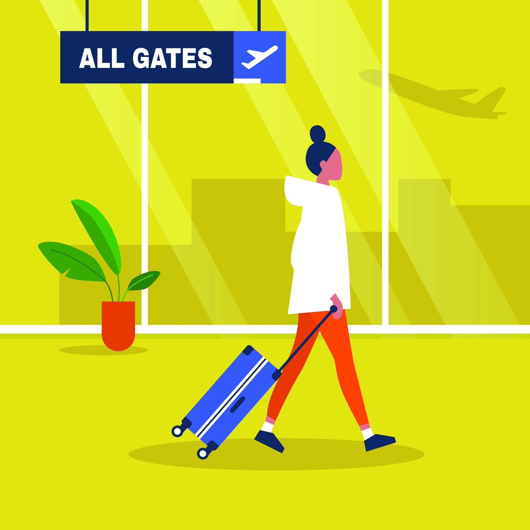 Illustration einer Reisenden mit Rollkoffer im Flughafenterminal unter einem Schild zu den Gates, draußen startet ein Flugzeug.