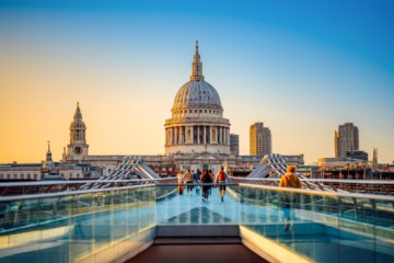 Blick über die Millennium Bridge auf die Kuppel der St Paul's Cathedral im Abendlicht. Auf der Brücke gehen Passanten Richtung Nordufer.