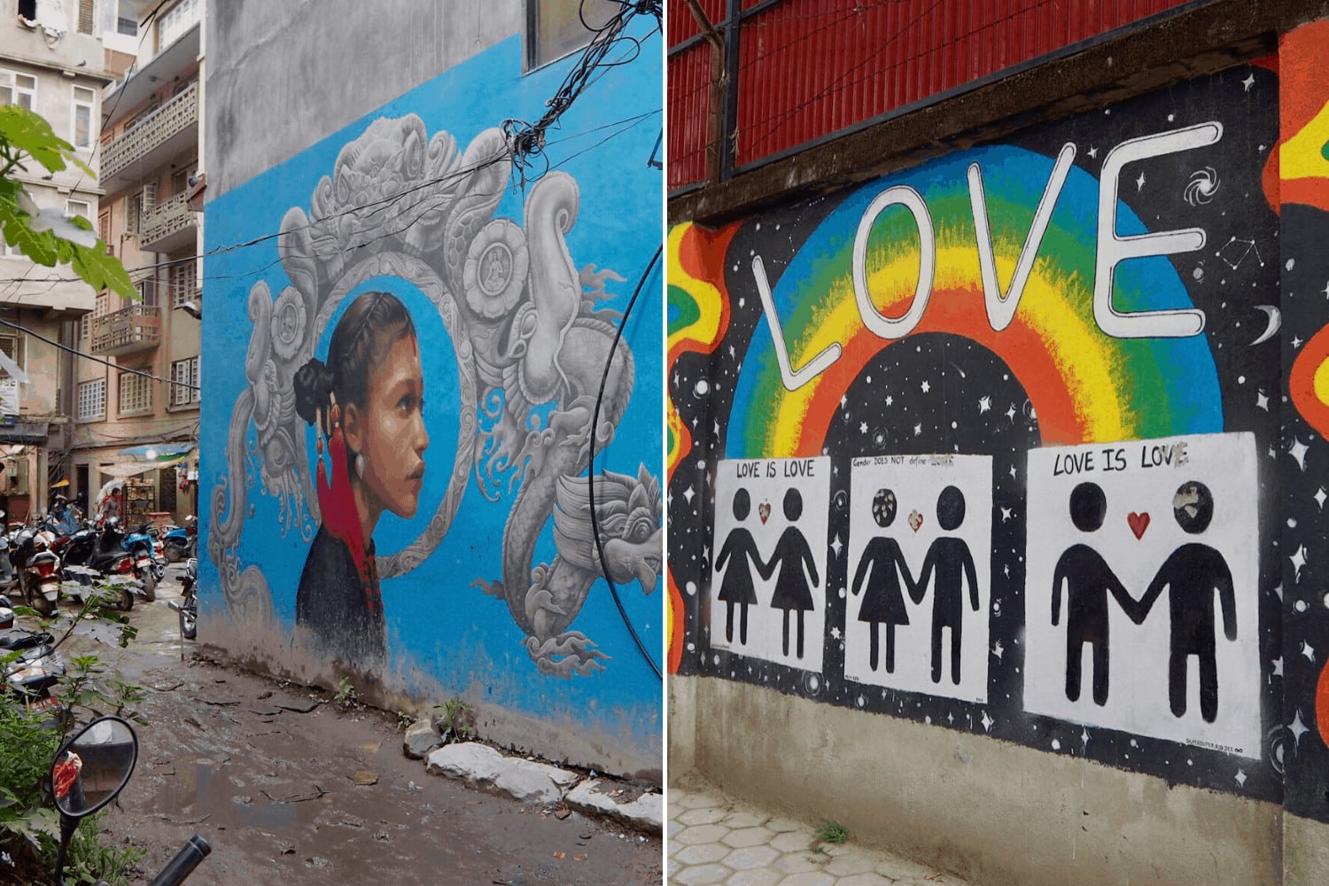 Zwei Street-Art-Werke in Kathmandu, Nepal