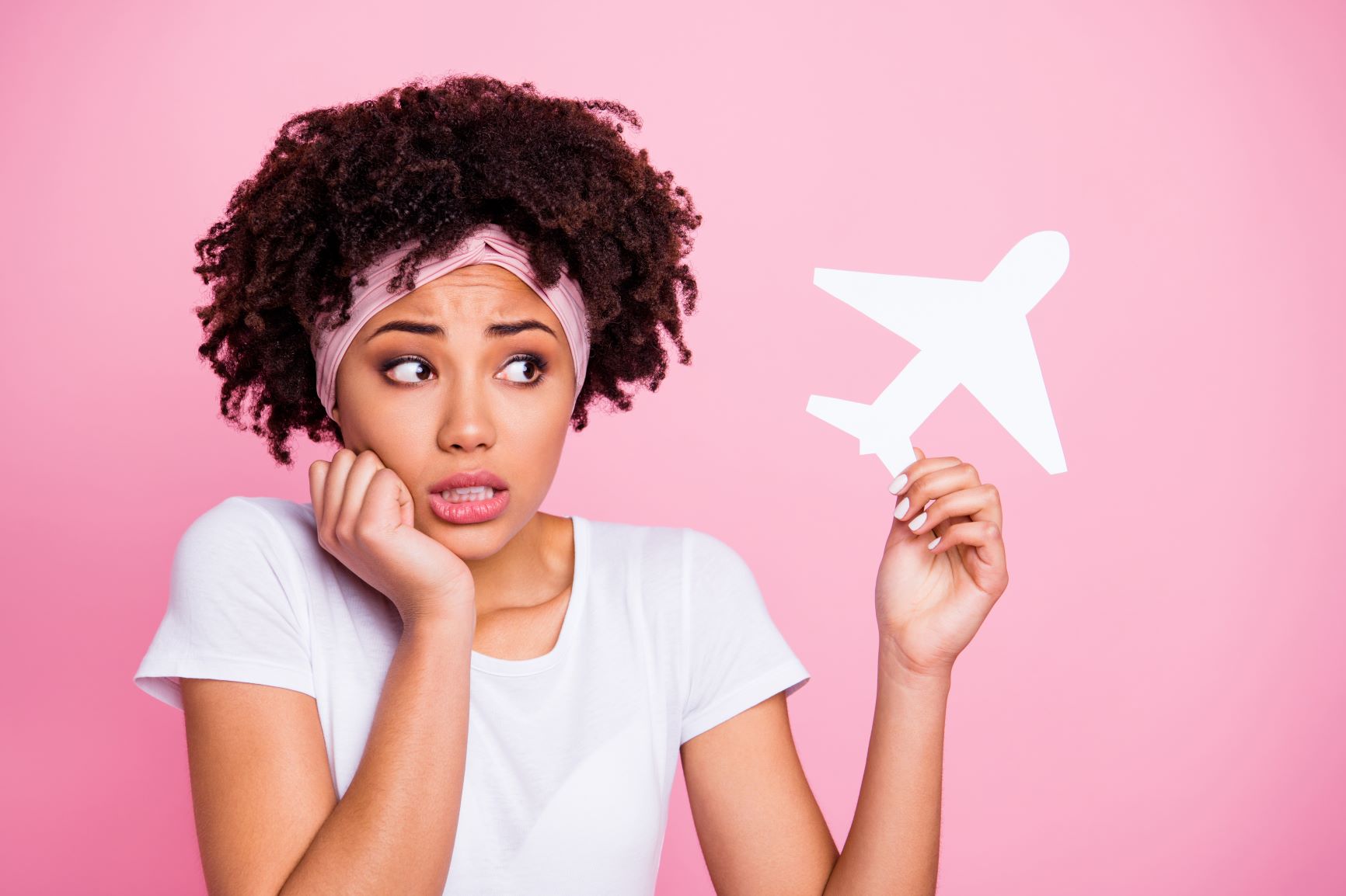 Frau traurig Phobie Panik Flugzeug
