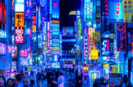 Belebte Straße mit bunten Reklameschildern in Shinjuku, Tokio