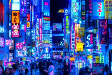 Belebte Straße mit bunten Reklameschildern in Shinjuku, Tokio
