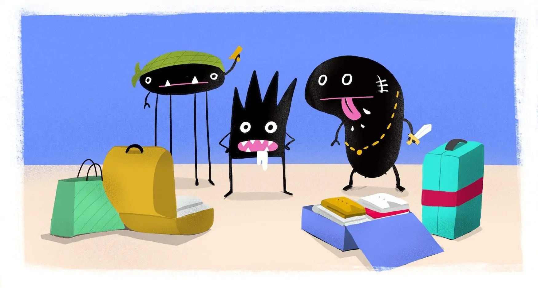 Illustration: drei schwarze Fantasiefiguren mit spitzen Zähnen stehen zwischen Reisegepäck. Um sie herum liegen ein geöffneter Koffer, eine Einkaufstasche und eine Kiste mit gefalteter Kleidung.
