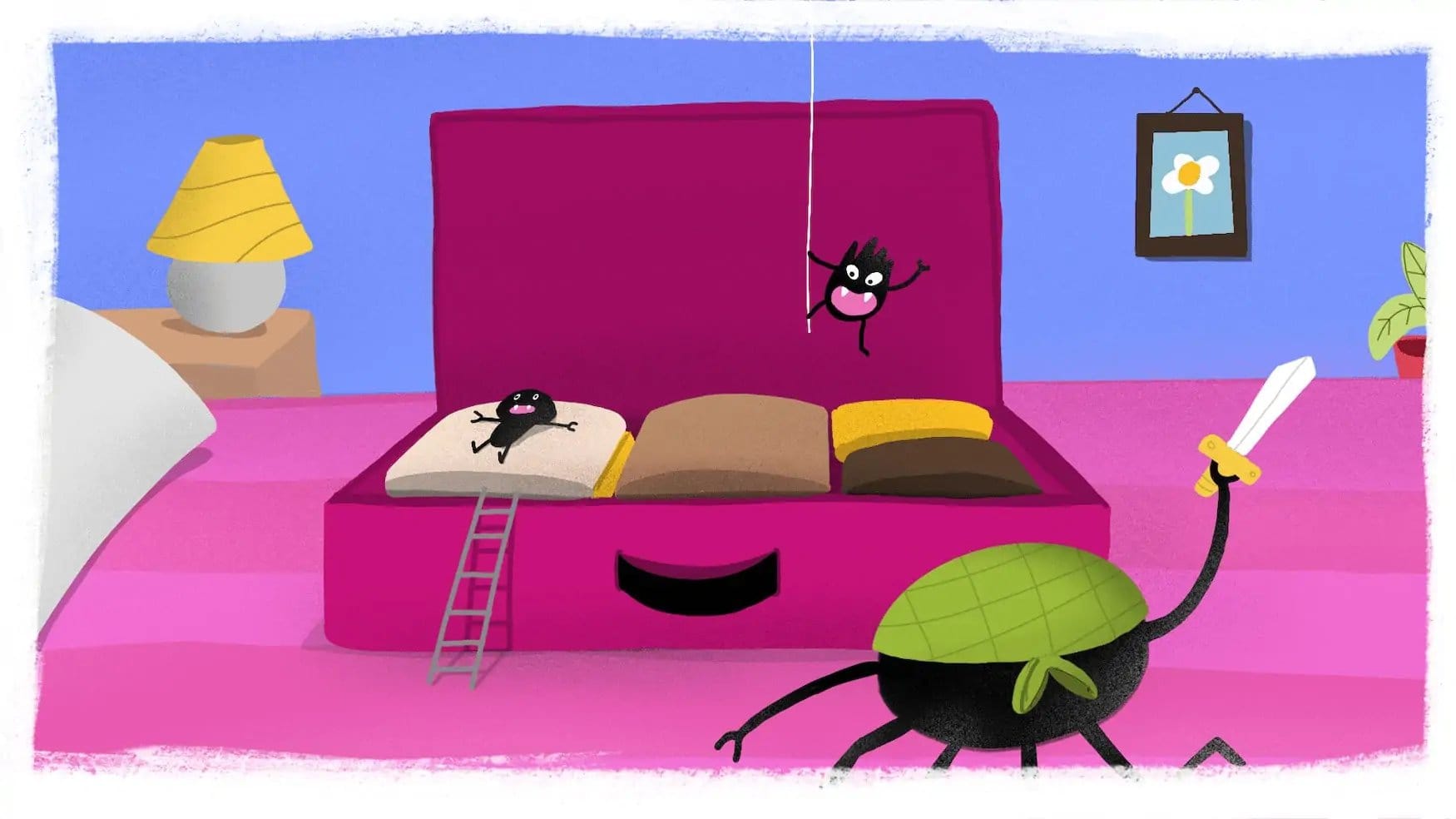 Illustration: ein geöffneter pinker Koffer liegt auf einem Bett, an seiner Kante lehnt eine Leiter. Kleine schwarze Fantasiefiguren klettern hinein, eine seilt sich an einem Faden ab.