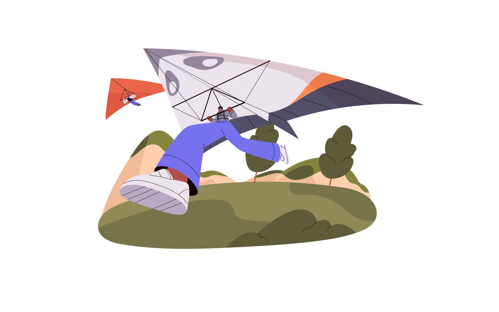 Illustration von zwei Drachenfliegern über einer grünen Hügellandschaft. Im Vordergrund hängt ein Flieger in blauer Hose unter einem weiß-orangefarbenen Schirm, dahinter ein zweiter unter einem roten Schirm.