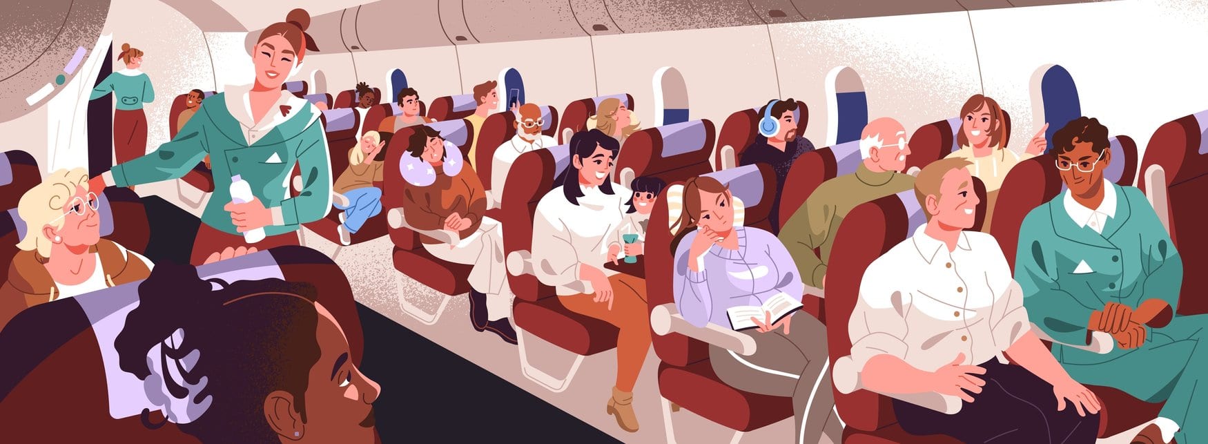 Illustration einer Flugzeugkabine von innen. Eine Flugbegleiterin reicht einer Passagierin eine Wasserflasche, in den Sitzreihen lesen, schlafen und unterhalten sich weitere Fahrgäste.