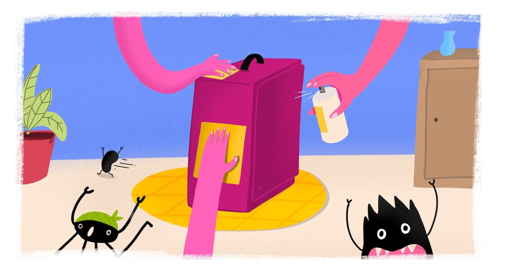 Illustration: zwei rosafarbene Hände wischen einen pinken Koffer mit einem Tuch ab, eine dritte Hand sprüht Reinigungsmittel darauf. Die schwarzen Fantasiefiguren laufen erschrocken davon.