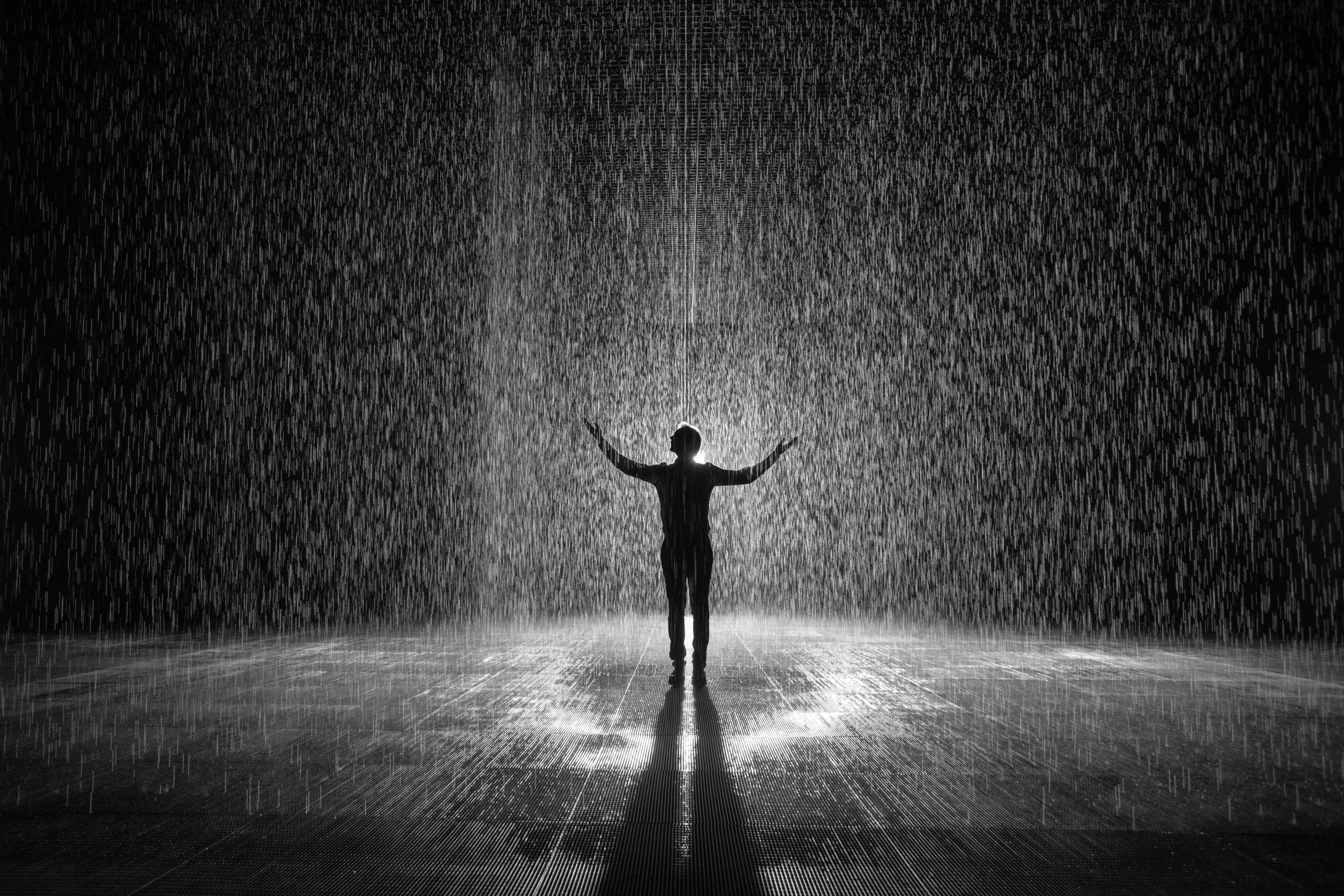 Kunstinstallation Rain Room in Sharjah; die Shilouette einer Person in einem Regen, in schwarz-weiß gehalten
