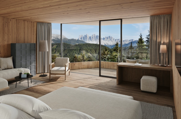 Luxuriöse Unterkünfte gibt es viele: Das Forestis in Südtirol überzeugt auch durch die spektakuläre Bergkulisse, auf die man vom Bett aus blickt
