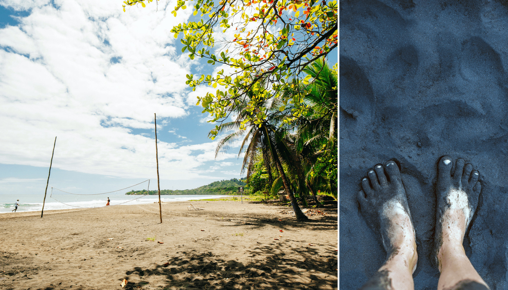 Links: Einer der schönsten Strände in Zentralamerika: Der Playa Grande bei Puerto Viejo in Costa Rica, rechts: Füße im schwarzen Sand am Playa Negra in Costa Rica