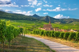 Panoramasicht auf die Kirche und das Weindorf Hunawihr inmitten der Weinberge im Elsass, Frankreich R