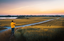 Mann mit gelber Jacke fotografiert Landschaft in Roskilde