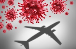 Symbolbild: Rote Corona-Viren und Flugzeug