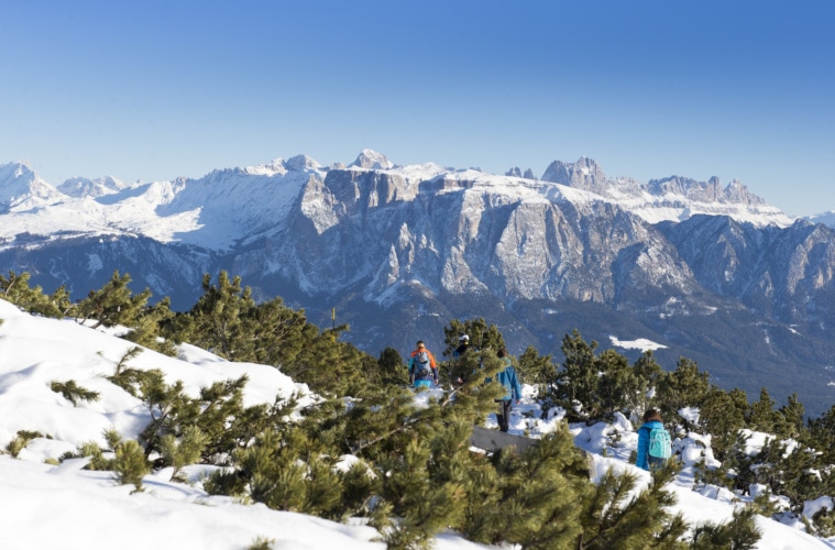 Familie wandert durch verschneite Landschaft in Ritten in Südtirol
