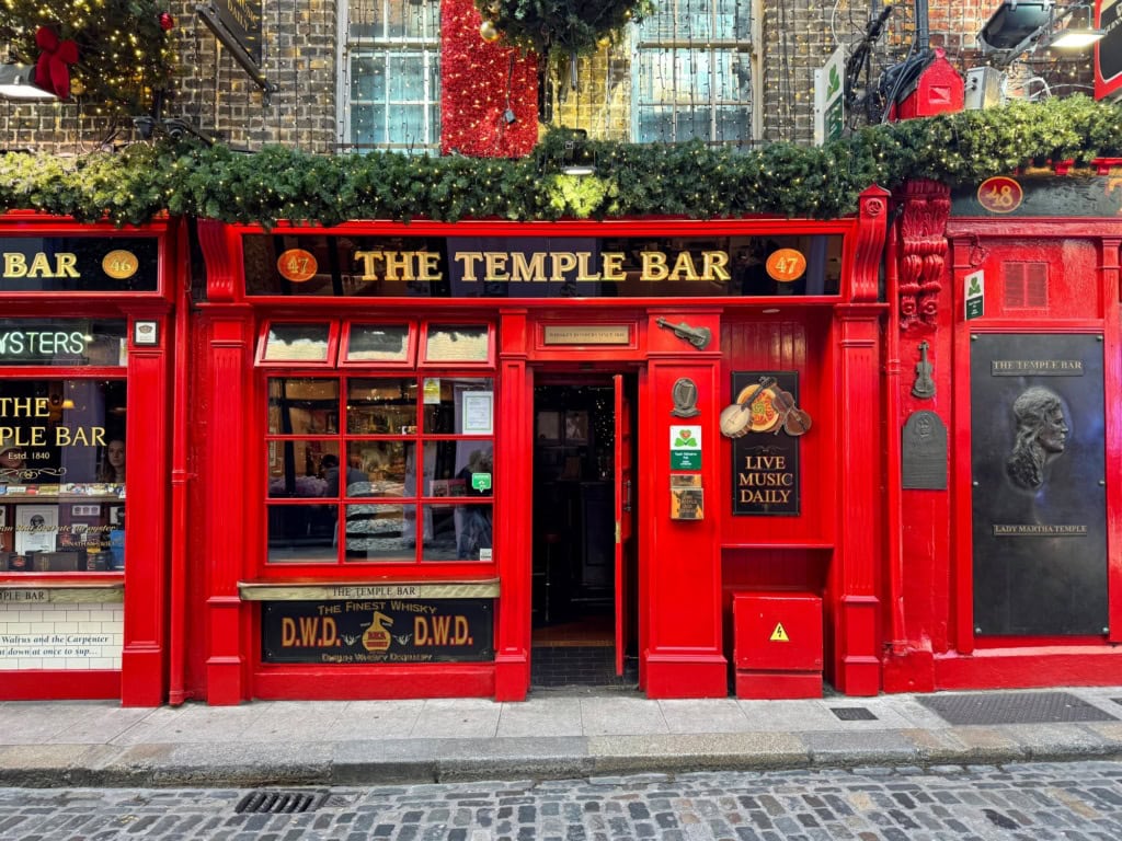 Ein Ziegelgebäude mit rot verkleidetem Erdgeschoss; links ein großes Fenster, rechts eine Tür, darüber die Aufschrift »The Temple Bar«.