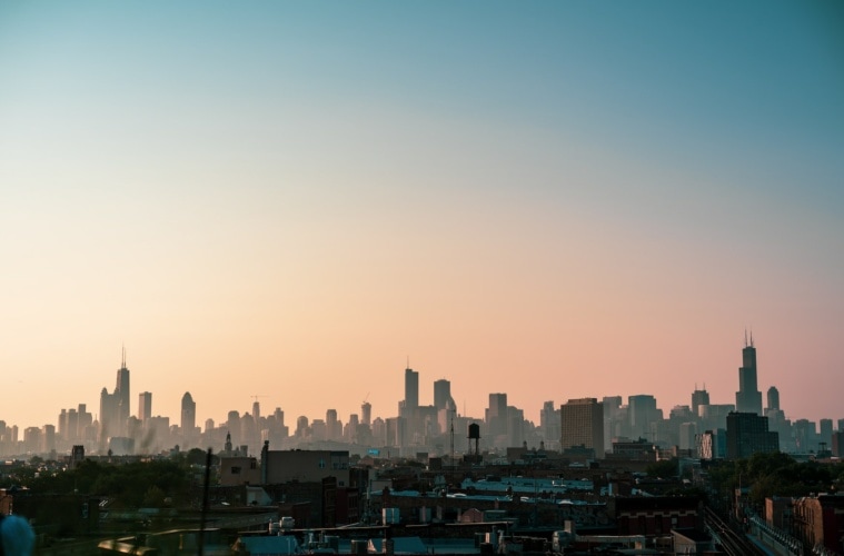 Skyline Chicagos bei Sonnenuntergang