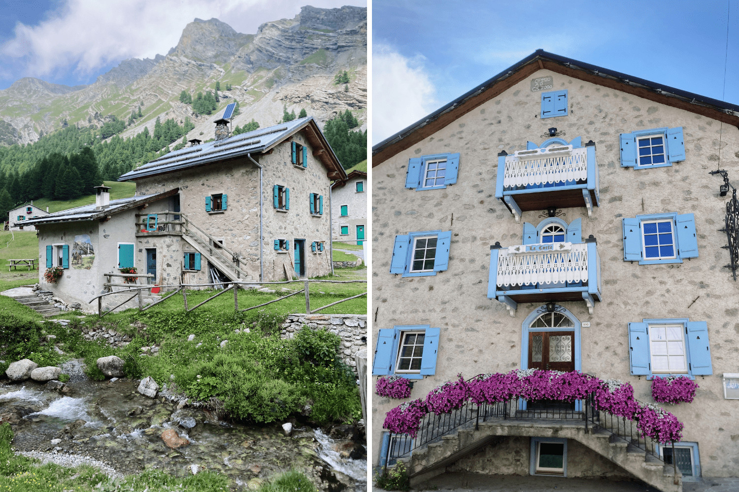 Pensionen mit bunten Fensterläden in einem Ort in den italienischen Alpen