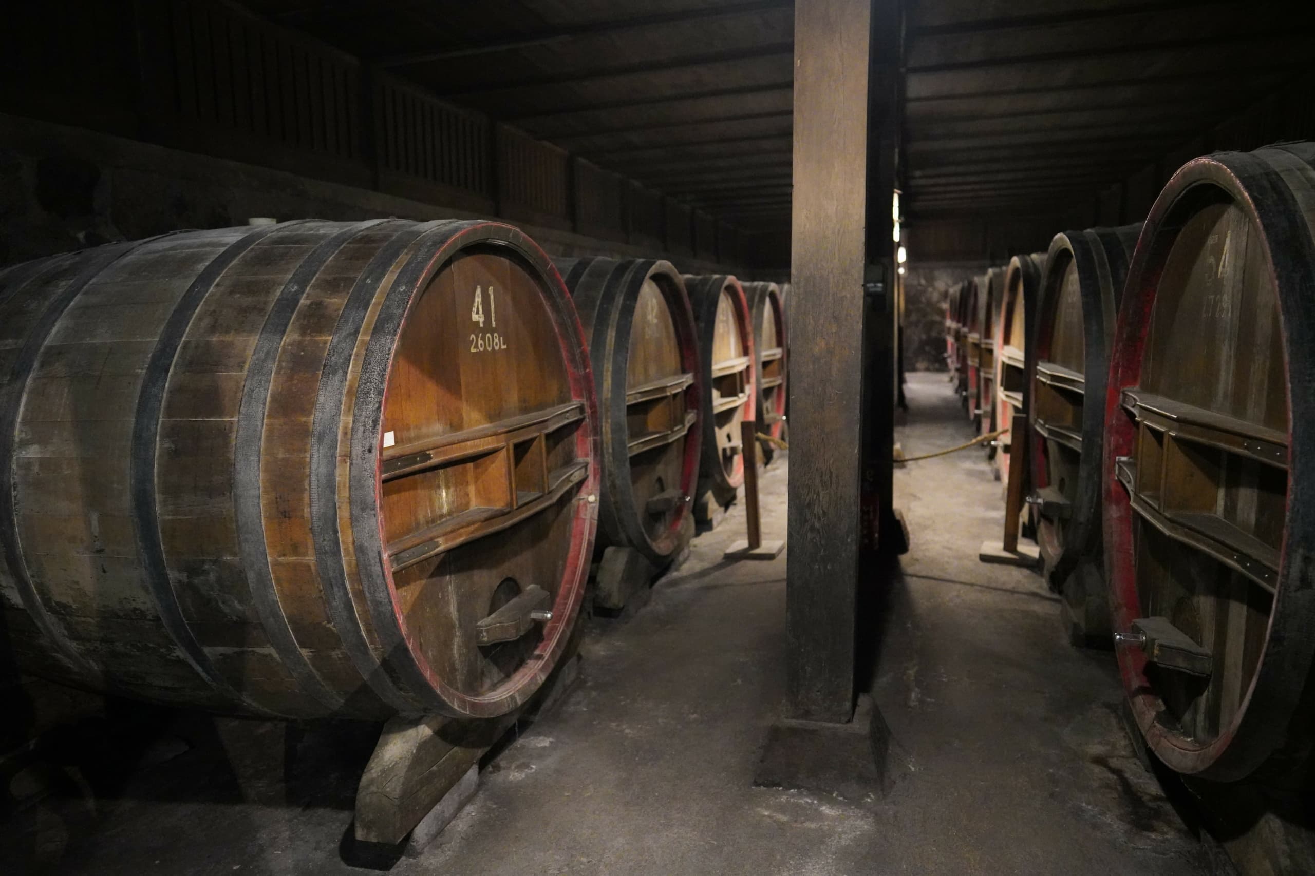 Weinfässer werden in einem Keller gelagert.