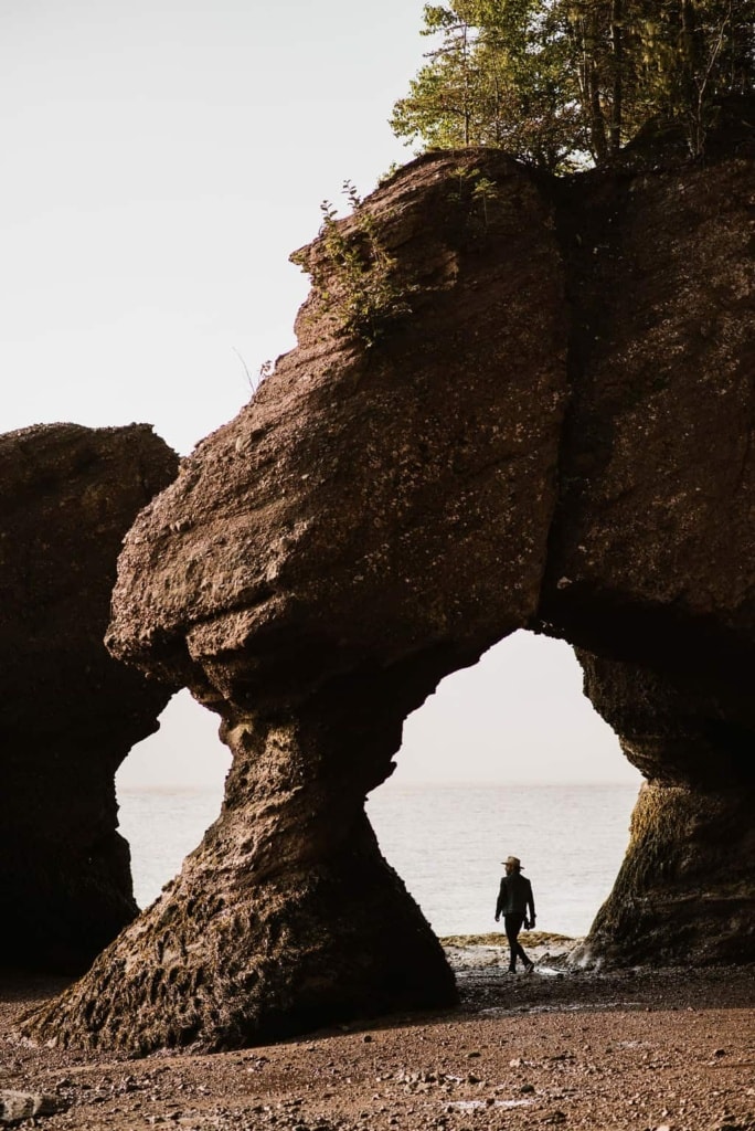 Mann spaziert unter den Hopewell Rocks an der Fundy Bay in Nova Scotia