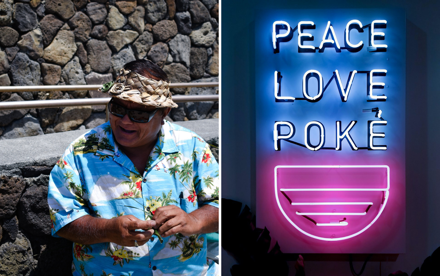 Mann im Hawaii-Hemd und LED-Schild mit Peace Love Poke Schritzug