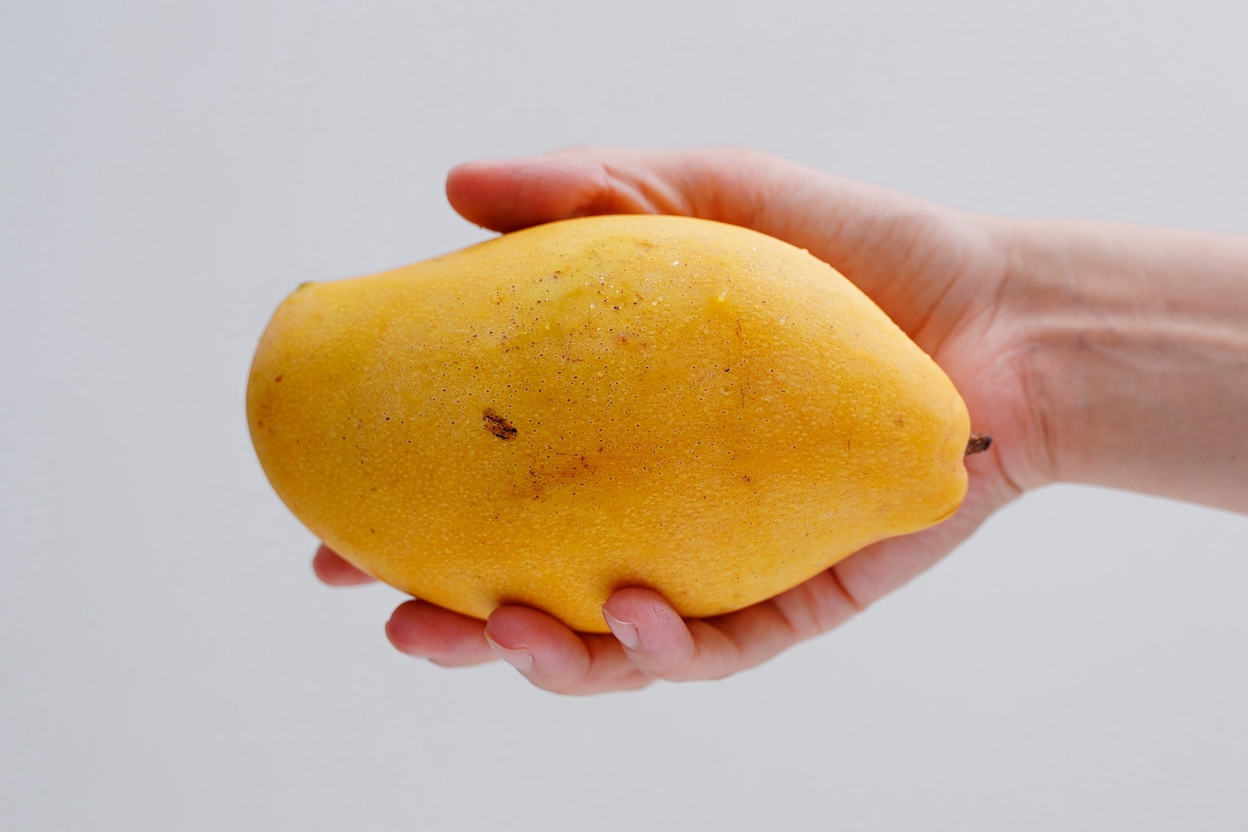 Hand hält eine gelbe Mango in der Hand