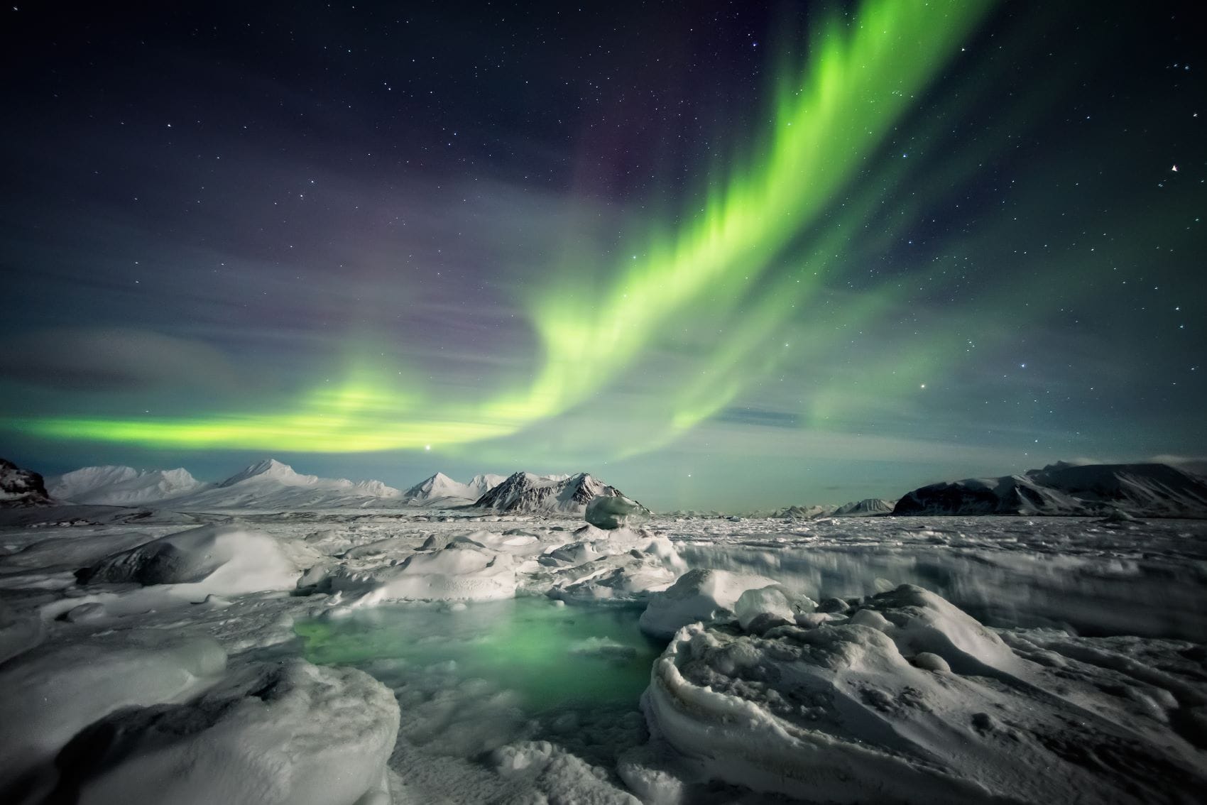 Nordlichter im Meer bei Grönland 
