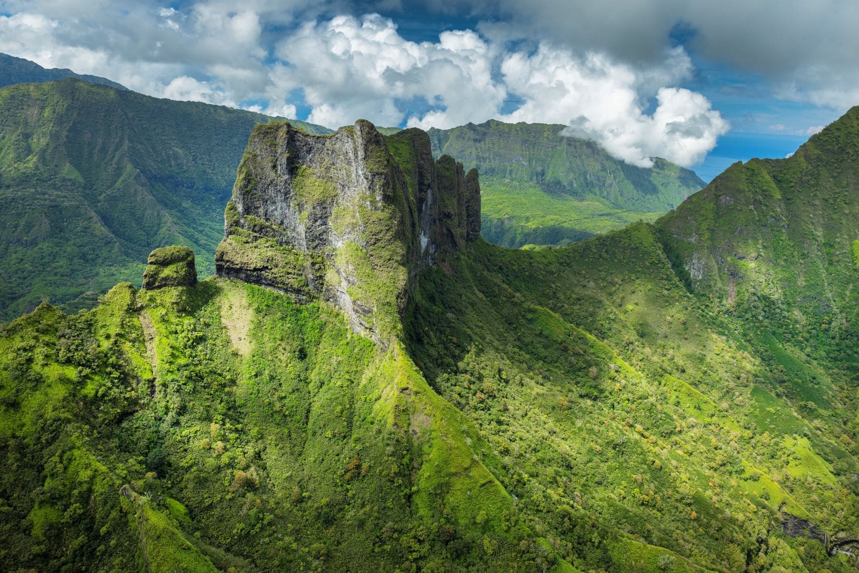 Grün bewachsener Berghang auf Tahiti.