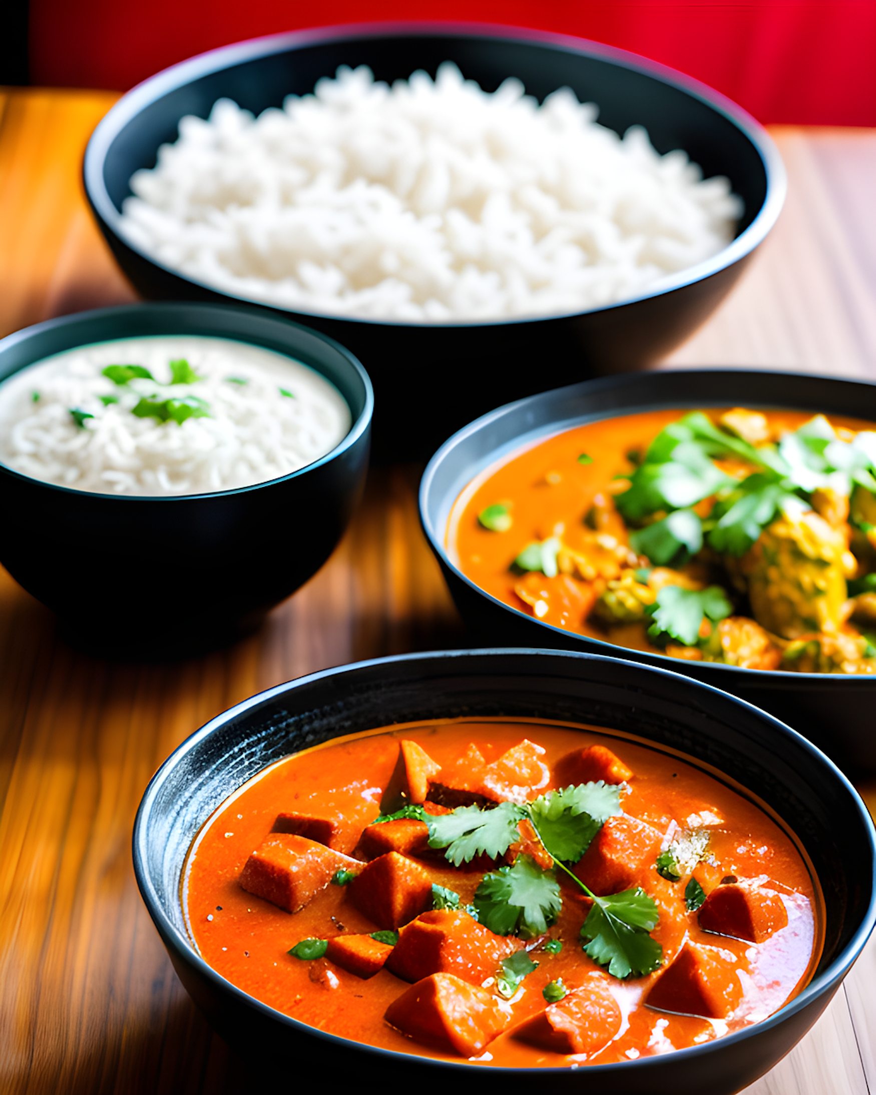 Schüsseln mit Reis und indischen Gerichten