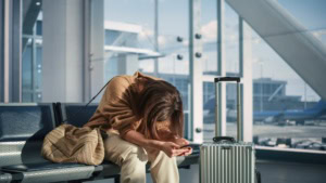 Anschlussflug verpasst: Eine Frau sitzt traurig am Flughafen.