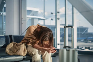 Anschlussflug verpasst: Eine Frau sitzt traurig am Flughafen.