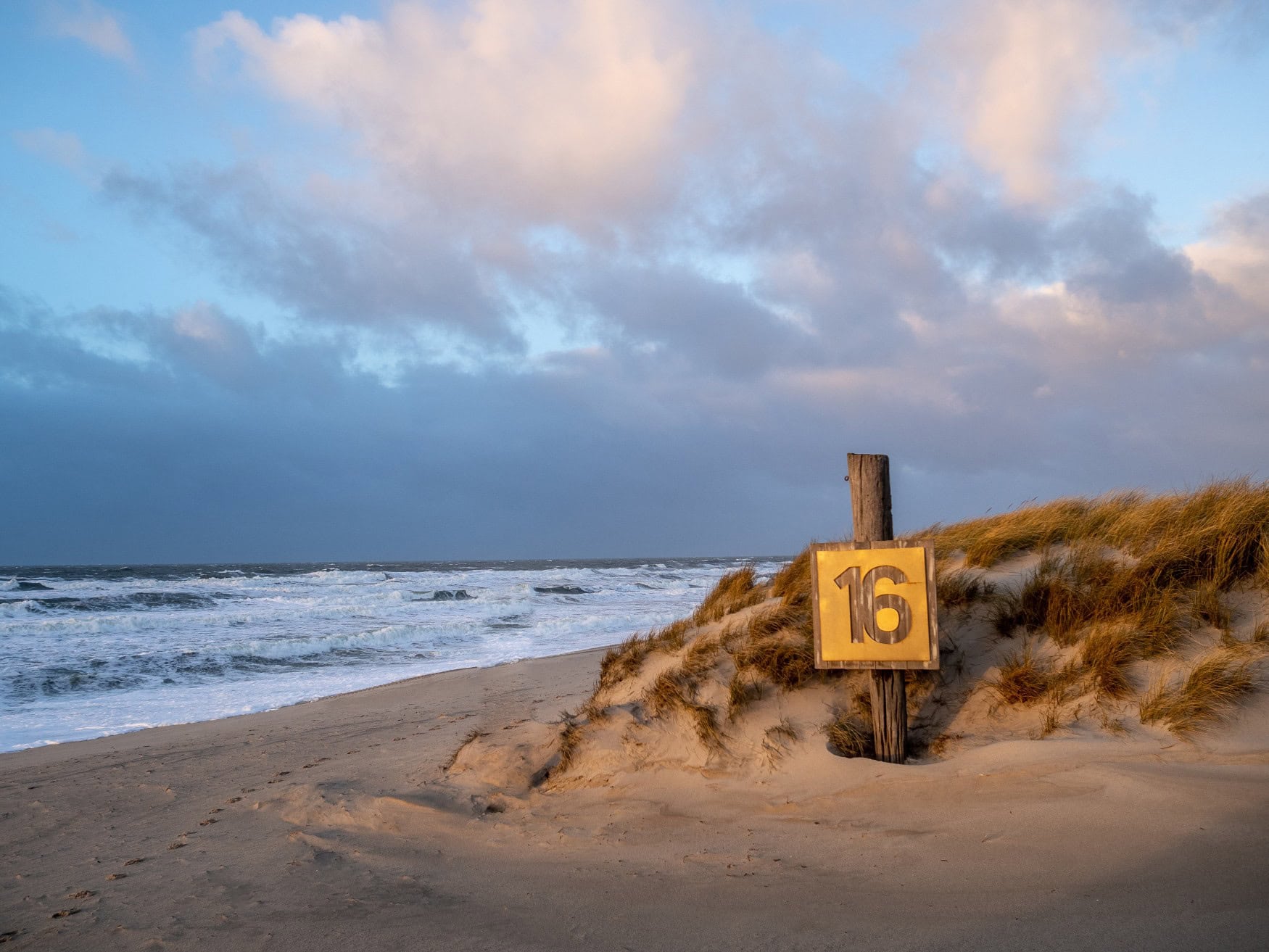 Das Schild der Buhne 16 am Strand von Sylt im Licht der untergehenden Sonne.