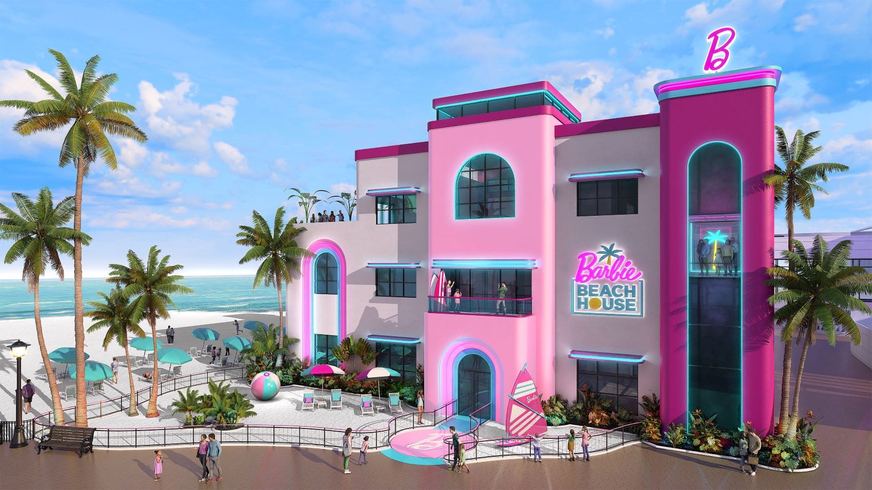 Rendering des Barbie Beach House im Mattel Adventure Park 