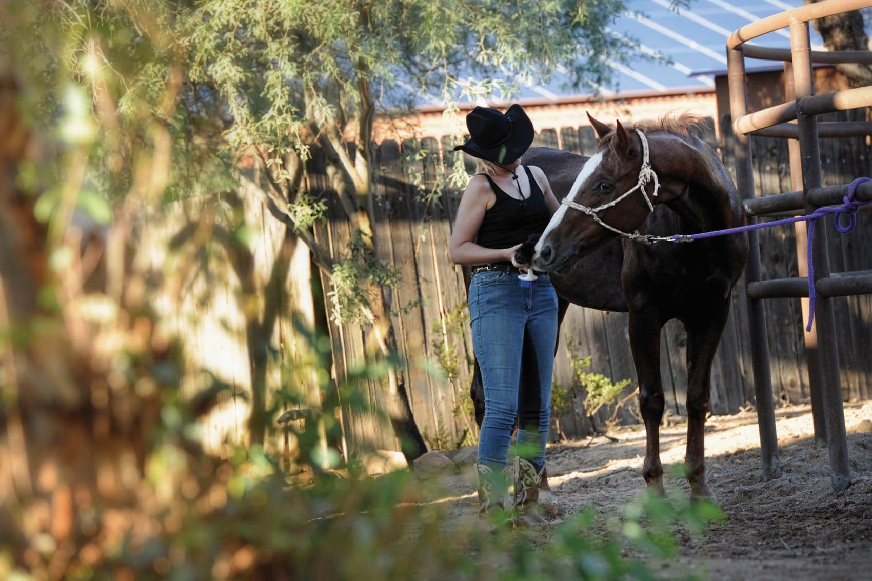 Frau mit Cowboy und Pferd auf White Stallion Ranch, Arizona 