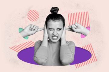 Illustration einer Frau, die sich die Ohren zuhält, dazu zwei freischwebende Hände mit ausgestreckten Fingern in Richtung der Ohren.