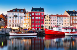 Panorama des Kopenhagener Kanals Nyhavn bei Sonnenuntergang.