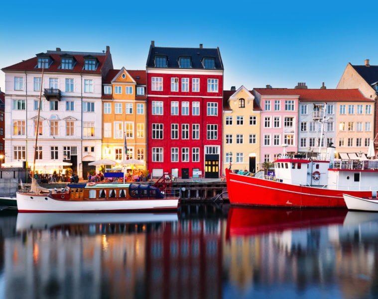 Panorama des Kopenhagener Kanals Nyhavn bei Sonnenuntergang.