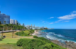 Panoramablick auf die Küste von Salvador da Bahia mit Hochhäusern, Palmen, Grünanlagen und dem Atlantik unter strahlend blauem Himmel.